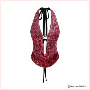 Sequin Cheetah Print Corset Halter Crop Top Tie Back Y2K Going Out